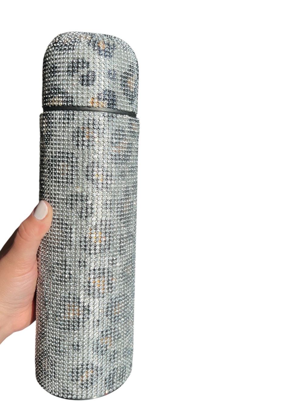 Silver Rhinestone Bling Leopard Print Thermos Water Bottle Vacuum Flask NWOT